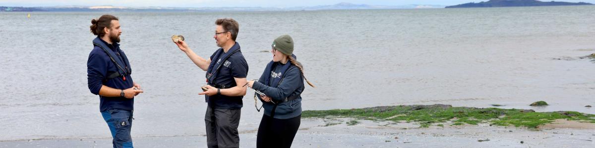 Oyster researchers standing on a beach